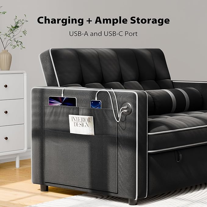 Pipishell 3 in 1 Convertible Sleeper Sofa BedPull Out Couch for Living Room with USB Ports &amp Side PocketsAdjustable BackrestVelvetLoveseat Sofa BedFuton CouchesBlack