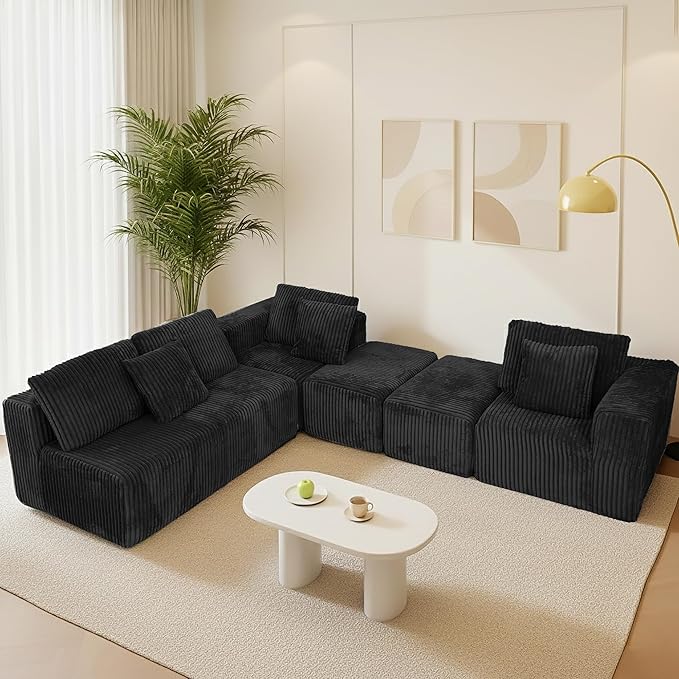 132 Cloud U-Shaped Sectional SofaModular Boneless Couch with OttomanCorduroy 4-Seater Couch for Living RoomNo Assembly RequiredDeep SeatPlush Cushion Back (Black)