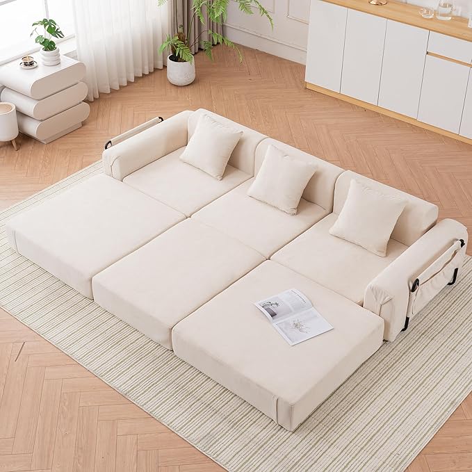 Oversized Cloud Modular Sectional Couch 3-in-1 Modular Floor Sofa with Deep Seat 3-Seater Folding Sofa Bed with 3 Pillows Large Sectional Couches for Living Room No Assembly Required Beige