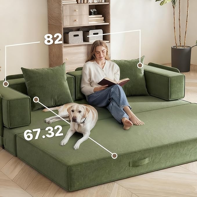 4-in-1 Convertible Sofa Bed 82“ Compression Sofa with Chenille Fabric Pull Out Sleeper Sofa with 2 Pillows &amp 4 Side Pockets for Living Room Bedroom Apartment No Assembly Required Green