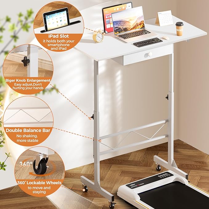 GTPLAYER Small Standing Desk Adjustable Height Small Computer Desk Mobile Portable Rolling Laptop Table with Wheels 32 Computer Workstation Sit Stand Desks Portable Standing Table Treadmill desks