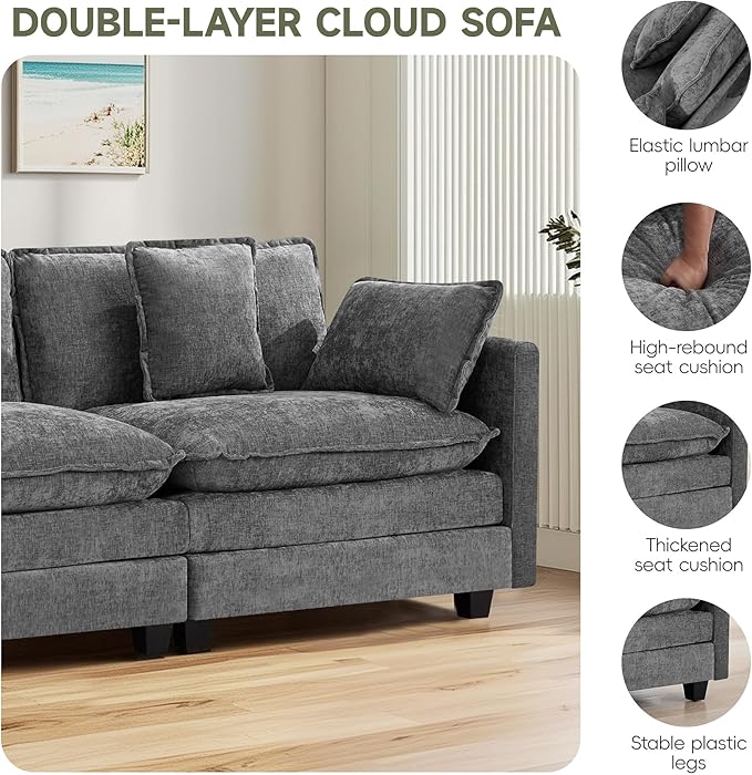 3-Seater Cloud Couch Oversized Modular Sectional Sofa with Deep Seat Soft Cushions Comfy Chenille Couch for Living Room Apartment &amp Family Space Grey