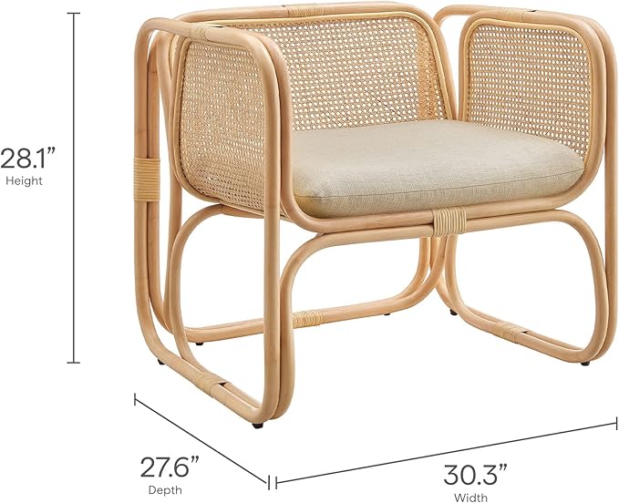 Ellis Natural Rattan Accent Armchair in Natural – Curved Low Lounge Chair with Cushioned Seat for Living Room Sunroom or Covered Patio