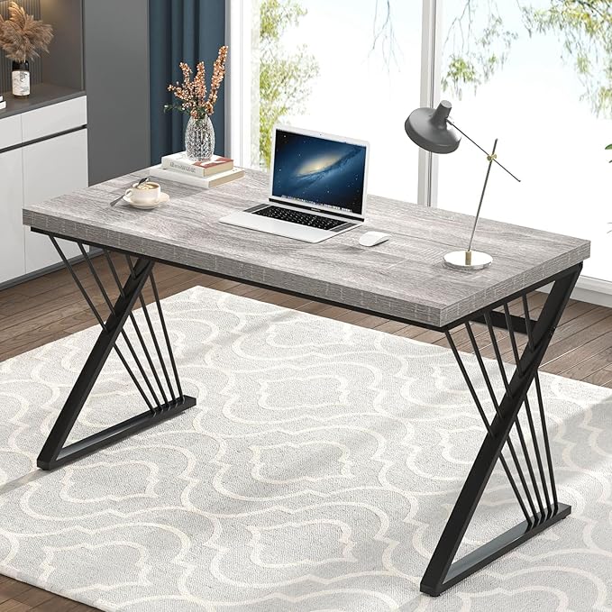 FOLUBAN Modern Desks Rustic Wood and Metal Computer Desk for Home Office Simple Study Writing Work PC Table for Bedroom Living Room Light Grey 47 Inch