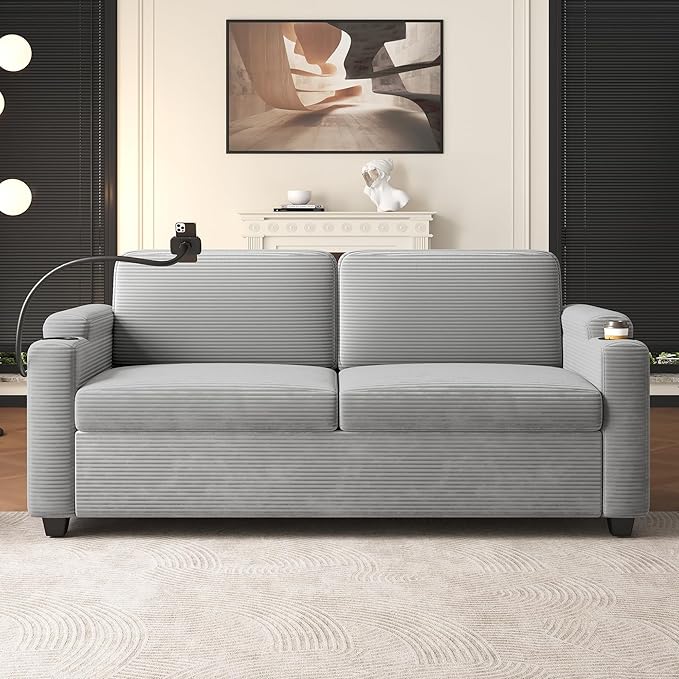 Merax 72.8 Corduroy Sleeper Sofa Bed with Full Size Mattress Futon Couches with USB Ports | Phone &amp Cup Holders| Side PocketsPull Out Couch for Living Room Small Loveseat Grey