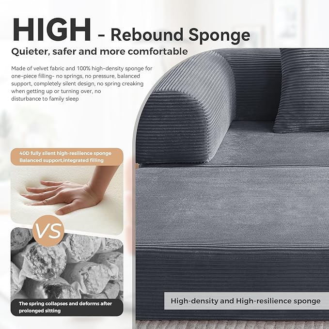 2026 Upgrade Convertible Sofa Bed 79 Inch Boneless Couch with Fixed-Shape Frame Corduroy Fabric with High Backrest Floor Sofa Modular Futon Couch for Living Room Bedroom Lounge (Dark Grey) | High B