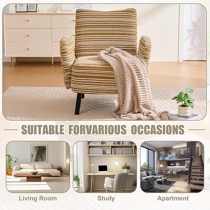 Modern Upholstered Armchair with Side Storage Pocket Fabric Reading Chair with Solid Wood Legs Ergonomic Accent Chair for Living Room Bedroom &amp Office (Yellow)