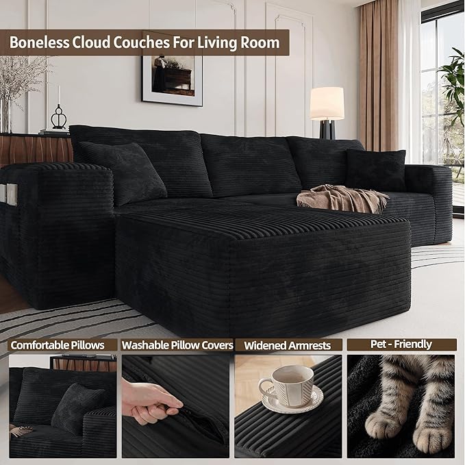 Boneless Sectional Couch Black L Shape Sofa Ottoman with Recliner Bed Memory Foam Modular Cloud No Bones in a Box Boundless Comfort for Living Room Compression Corduroy Fabric Deep Seat Easy Assembly