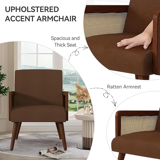 Rattan Arm ChairAccent Chair for Living Room Modern Dinning Chair for Kitchen Lounge Chair Indoor for Reading Room Brown