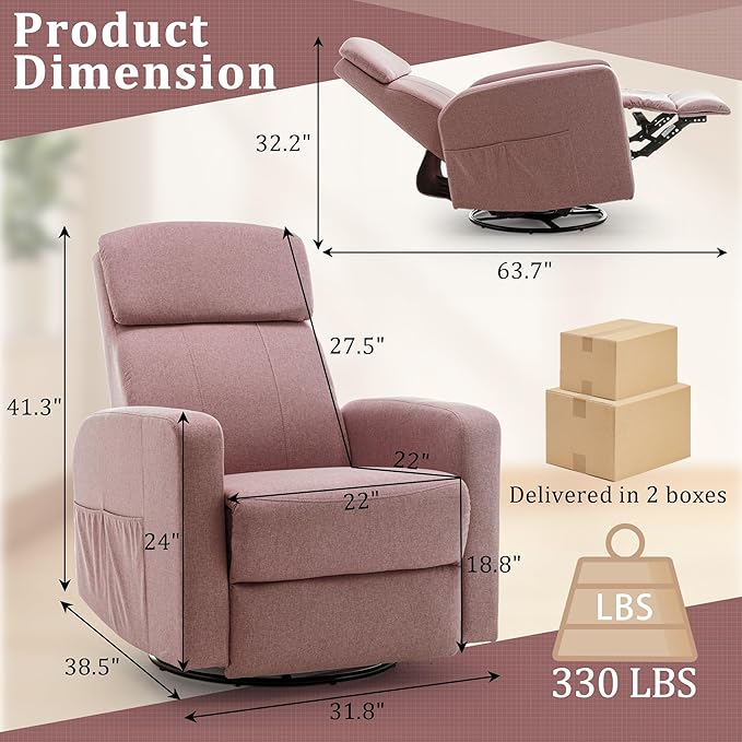 Power Swivel Recliner Chairs for Adults Electric Glider Rocking Chair Nursery Glider Recliner Nursery Chair with Classified Side Pocket Nursery Rocking Chairs with USB and Type-C Ports