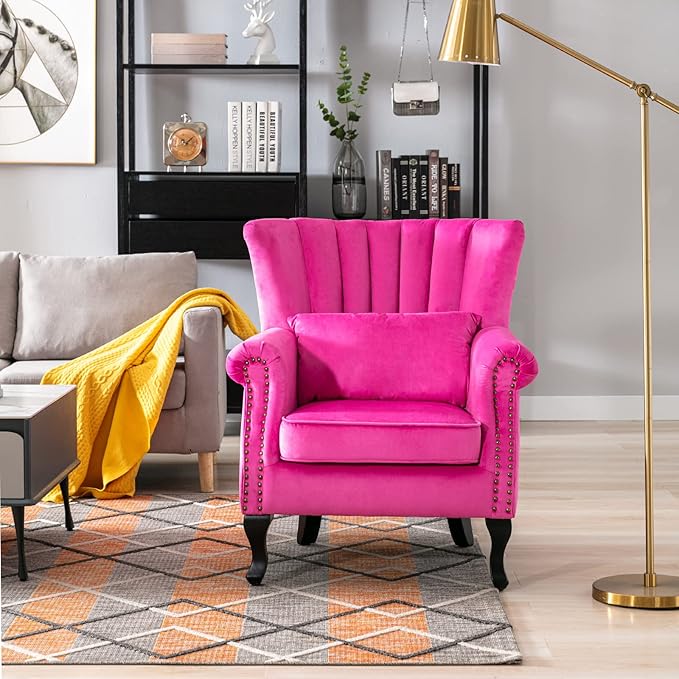 Accent Reading Arm Chairs Midcentury Modern Comfy Corner Sofa Chair Wingback Waiting Room Club Chair with Tufted Back for Living Room/Bedroom/Reception Room Velvet Rose