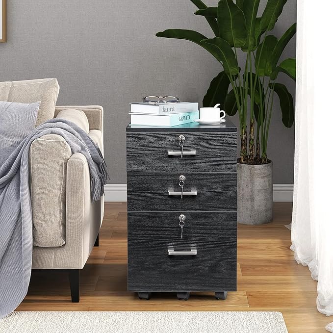 Black Rolling Home Office File Cabinets Wooden File Cabinets for Home Office Lateral File Cabinet Wood File Cabinet Mobile File Cabinet Mobile Storage Cabinet Filing Storage Drawer 40 x 40 x 66CM