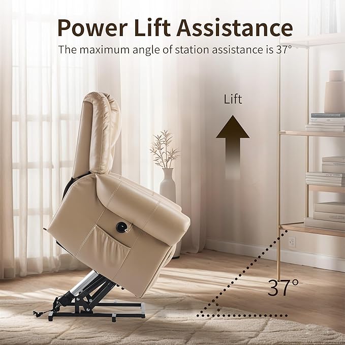 Power Lift Recliner Chair with Massage and Heating PU Leather Electric Recliner Sofa with USB Charger 300lbs Capacity Lift Chair 8-Point Massage &amp Lumbar Heating Easy Assembly(Light Brown)