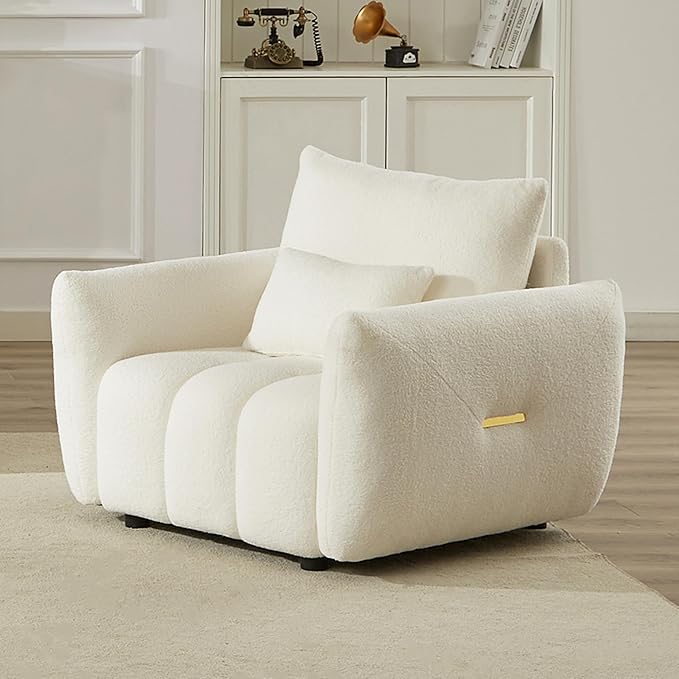Modern Accent Chair with One Pillow 35.24'' Teddy Fabric Upholstered Sofa with Solid Wood Frame Single Sofa Lounge Chair for Apartment Office Living Room (Beige * Pillow98)