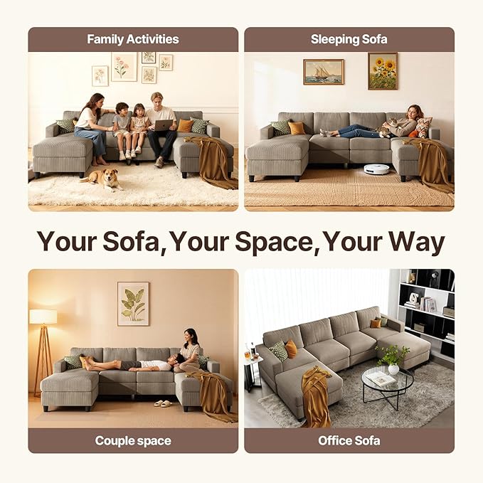 101 Inch Brown Corduroy Sectional Sofa U Shaped Sectional Sofa with 2Ottomans 6 Seater Convertible Corduroy Sofa Comfortable Living Room Couch (Camel 4 Seat with 2 Ottoman)