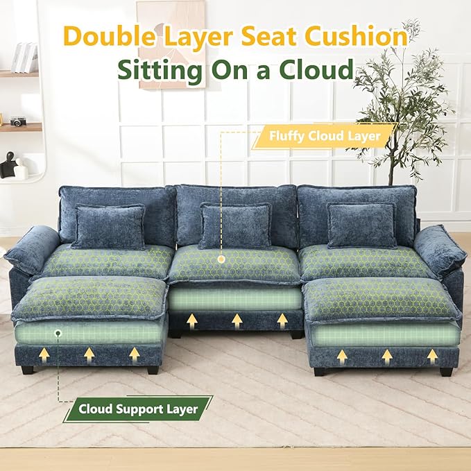 120 U Shaped Couch Modular Sectional Sofa Cloud Couch with Movable Ottoman Modern Chenille Deep Seat Sleeper Sofa with Throw Pillows for Living Room and Apartment (Blue 5-Seat)
