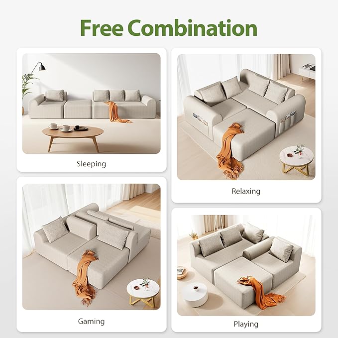 105.5 Modular Sofa Modern Boneless Sectional Sofa with Footstool No Assembly Required Extra-deep Chenille Fabric Seat L-Shaped Chaise Lounge Sofa Suitable for Living Room(Beige)