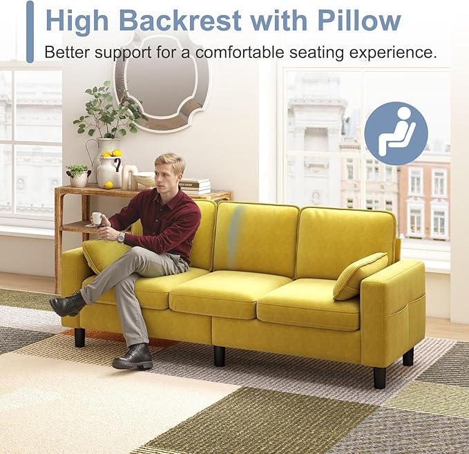 KINTNESS 78” 3 Seater Sofa Couch for Living Room Modern Sectional Sofa with Deep Seat &amp Armrest Pillow Comfy Sofa Set for Bedroom Apartment and Office Removable Covers Non-Slip Yellow | COTT