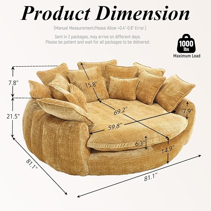 81'' Cloud Couches for Living Room Comfy Circle Round Couch Bed with 14 Pillows Upholstered Boneless Couch Oversized Chaise Lounge Chair Indoor Extra Wide Round Daybed Floor Sofa (Yellow)