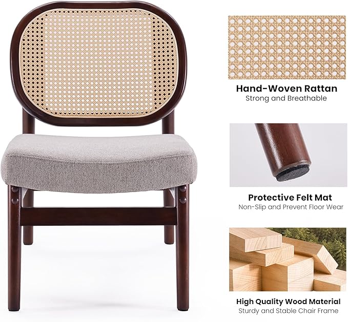 Farini Rattan Accent Chair Upholstered Living Room Chair with Rattan Back &amp Wood Frame Mid-Century Modern Reading Chair for Living Room Bedroom Khaki