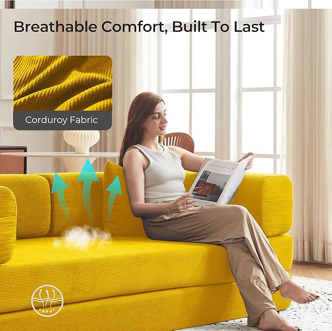 79 Convertible Sofa Bed with Pillows Corduroy Folding Sleeper Sofa with Fixed-Shape Frame Boneless Couch for Living Room Bedroom Floor Sofa Lounge No Assembly Required (A Style-Yellow)