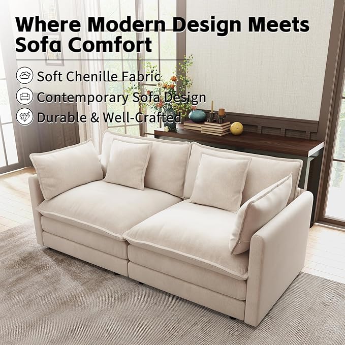 Modular Sectional Sofa 76.7 Comfy Chenille Cloud Couch Loveseat with Armrests and Pillow Modern Deep Seat Sofa Couch for Living Room Apartment (Khaki Loveseat)
