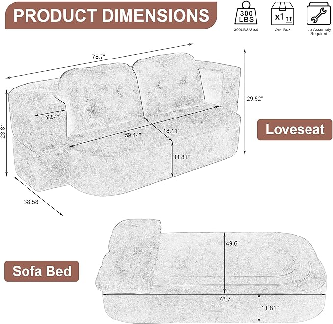 78.7 W Boneless Cloud Loveseat Sofa 2 in 1 Convertible Floor Folding Couch Bed No Assembly Compressed Foam Lounge Sofa Sleeper for Dorm Apartment Office Bedroom Living Room Small Spaces