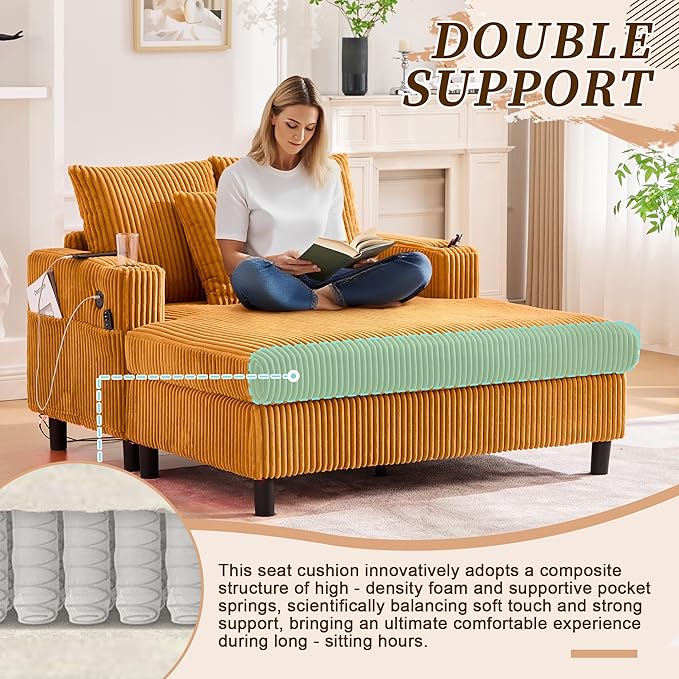 SLEERWAY Modern Corduroy Chaise Lounge Sofa Indoor- 55.9 Comfy Oversized Couch Bed with USB Ports Cup Holder Side Pocket Lights 3 Throw Pillows Lazy Recliner Chairs Living Room (Yellow)