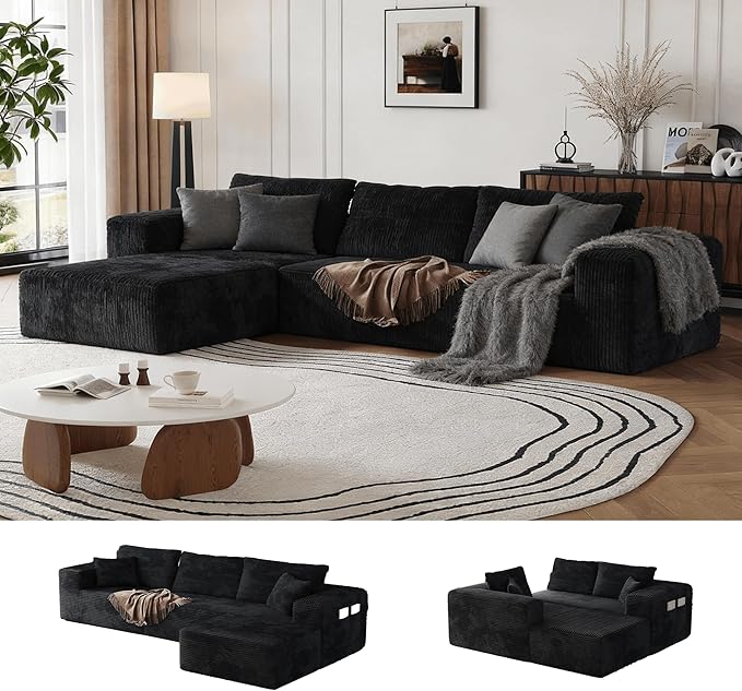 Boneless Sectional Couch Black L Shape Sofa Ottoman with Recliner Bed Memory Foam Modular Cloud No Bones in a Box Boundless Comfort for Living Room Compression Corduroy Fabric Deep Seat Easy Assembly