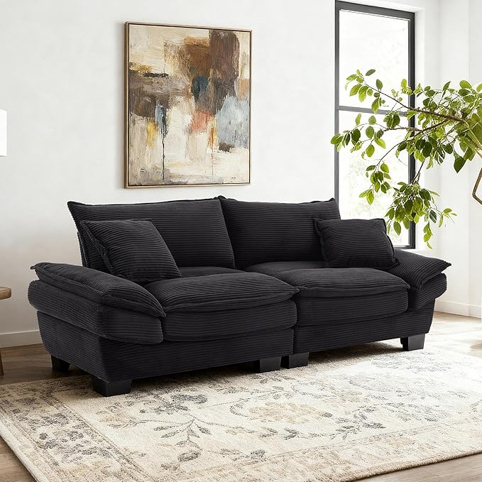 Modern 84 Corduroy Loveseat Sofa Ultra-Comfy Couch with 2 Pillows for Apartment Living Room Bedroom Home Office (Black)