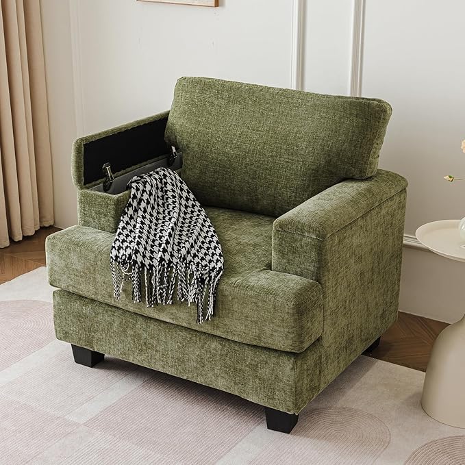 Oversized Accent Chair with Armrest OrganizerComfy Living Room Chairs with Thick CushionUpholstered Modern ArmchairBig Reading ChairSofa Chair for BedroomGreen