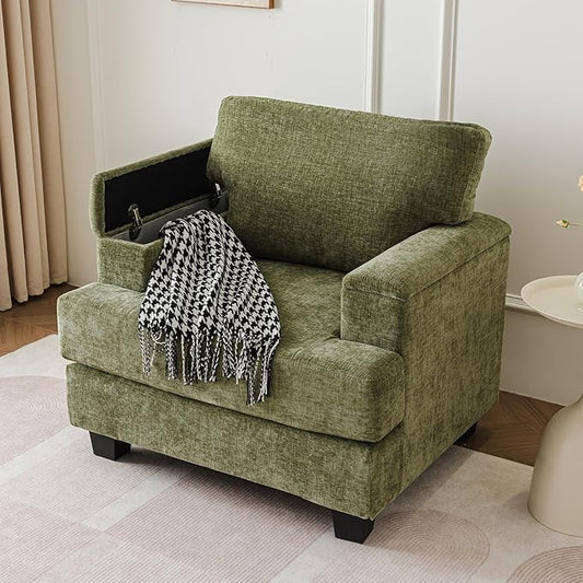 Oversized Accent Chair with Armrest OrganizerComfy Living Room Chairs with 7.8'' CushionUpholstered Mid-Century ArmchairLarge Reading Chair for Bedroom Living RoomOfficeChenilleGreen