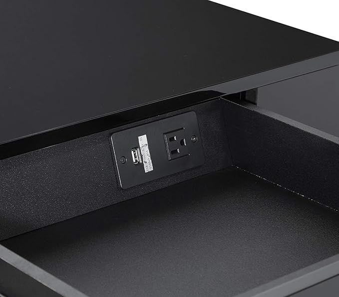 OSP Home Furnishings Broadway Modern Executive Desk with 3 Drawers and Charging Station Black Gloss Finish with Chrome Frame