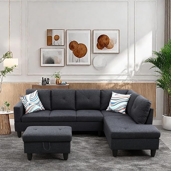 L Shaped Sectional Couch with Reversible Cup Holder and Chaise 4 Seater Lounge Sofa Modern Nailhead Design with Storage Ottoman Dark Grey