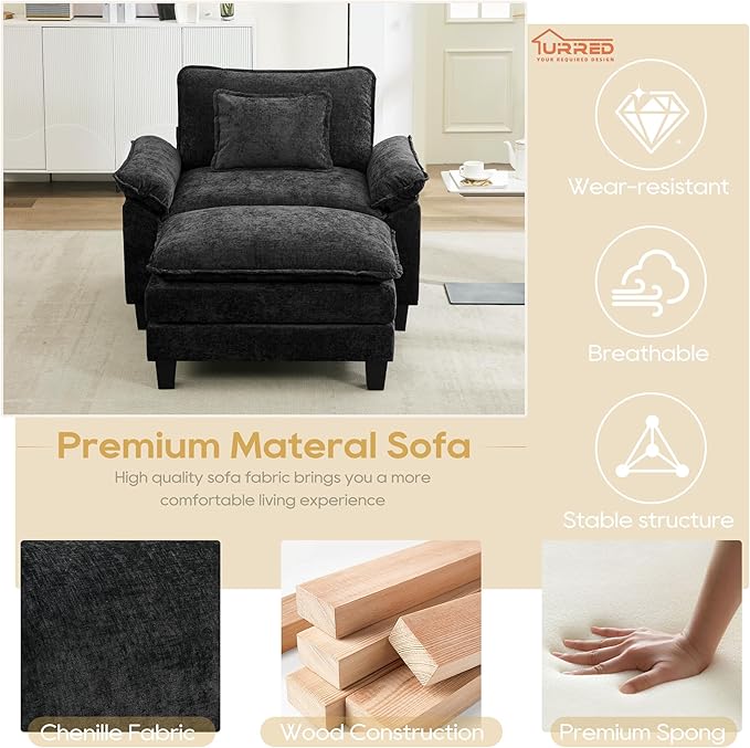 URRED Modular Sectional Sofa Comfy Cloud Couch Modern Chenille Sofa Sleeper Deep Seat Couches with Ottoman/Pillows for Living Room (Black 53''- Ottoman)