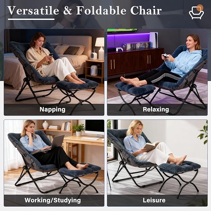 Saucer Chair with Ottoman Comfy Doorm Chairs Oversized Folding Faux Fur Chair Foldable Metal Frame Chair for Bedroom Living Room(Navy Blue)
