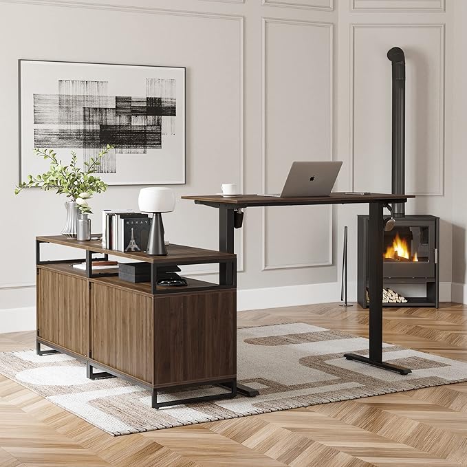 FEZIBO 66 Inch Executive L Shaped Standing Desk with 2-Drawer File Cabinet Electric Height Adjustable Stand up Desk Home Office Modern Wood Computer Desk with Shelves Black Frame/Dark Walnut Top