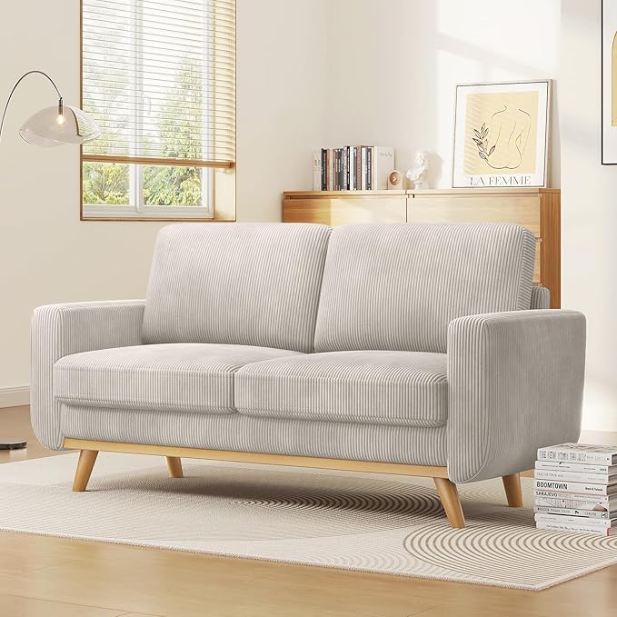 Vesgantti 68 Loveseat Sofa Light Grey Comfy Corduroy Couch with Spring Cushion and Solid Wood Modern Deep Seat for Bedroom Living Room Office