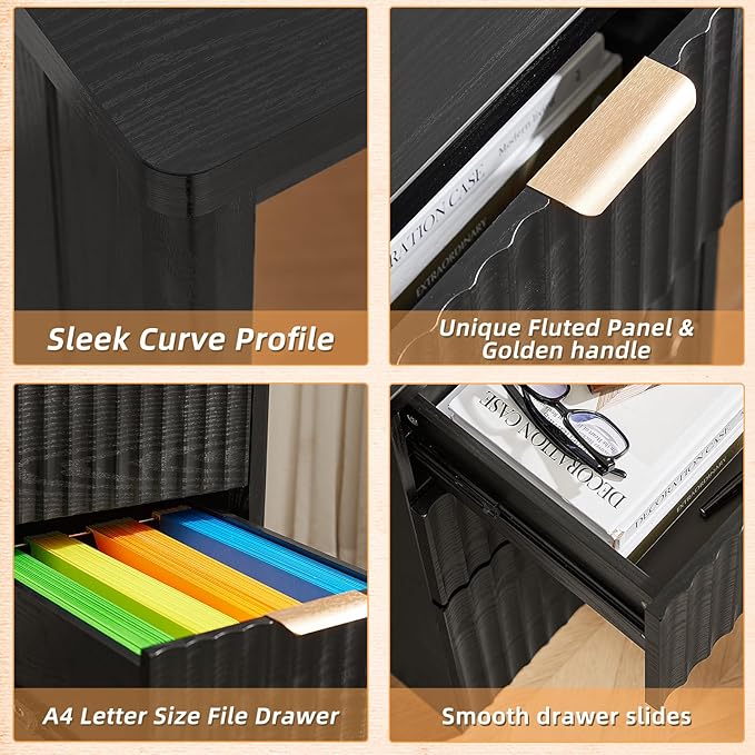 LEYAOYAO Office Desk 48 with 3 Drawers Storage File Cabinet Wood Fluted Desk for Computer Office Bedroom Home Furniture Black