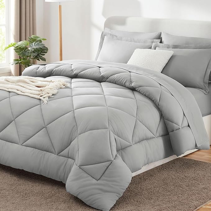 CozyLux Oversized King Comforter Set Light Grey 7 Pieces Bed in a Bag Comforter Set with Sheets All Season Bedding Set with Down Alternative Comforter Sheets Pillowcases &amp Shams