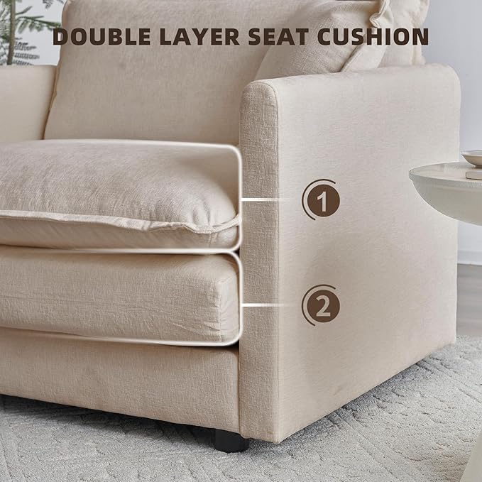 76.7” Modular Sectional Sofa L-Shaped Convertible Couches 2 Seater Chenille Deep Seat Cloud Couch with Pillows and 1 Ottoman for Living Room Apartment Office(Khaki)