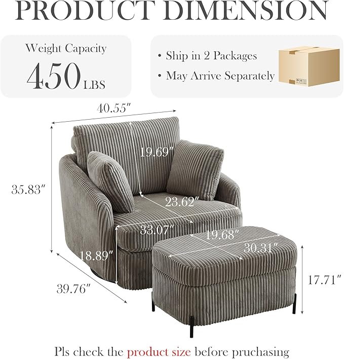 Aoiy &amp Wifon 40.55 W Oversized Swivel Chair with OttomanSwivel Accent Chair with Ottoman for Living Room Corduroy Gray