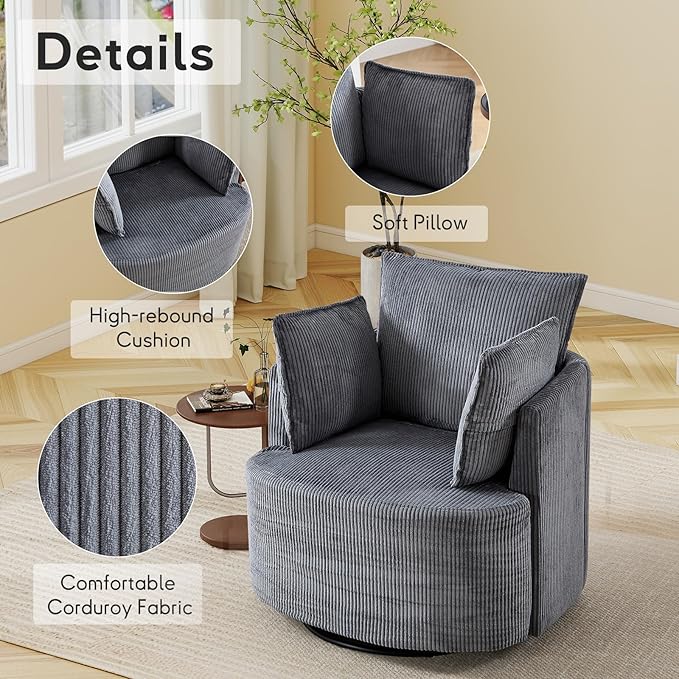 Bonzy Home 360° Swivel Accent Chair Comfy Corduroy Swivel Barrel Chair with 2 Soft Pillows Single Sofa for Living Room Bedroom Grey
