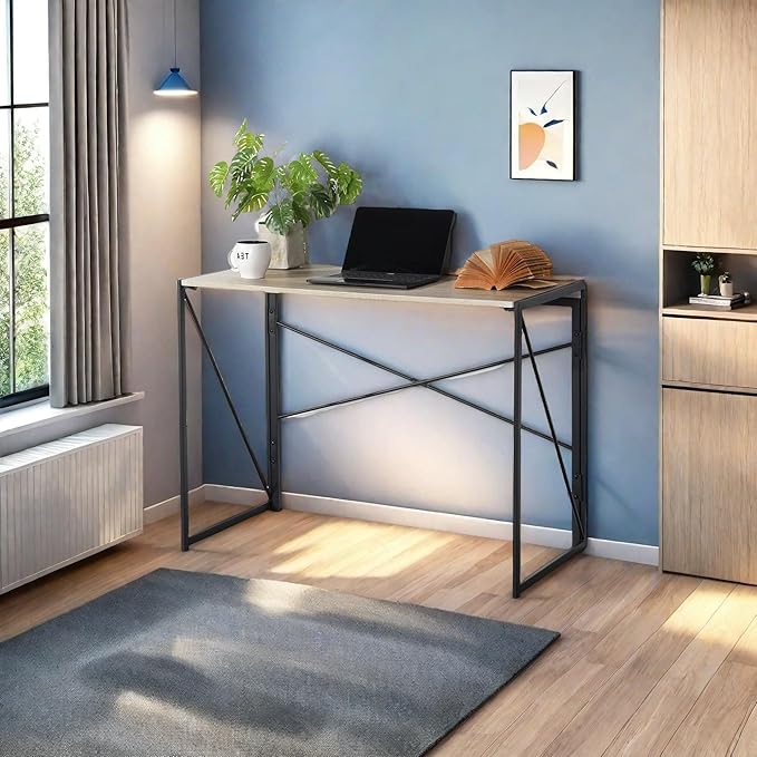 Homy Casa 39.4 Inch Foldable Laptop Desk Space-Saving Computer Table with No Assembly Required Sturdy Metal Frame Minimalist Design for Home Office Study or Small Spaces Oak