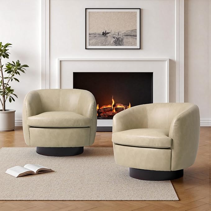 Faux Leather Swivel Barrel Chairs Set of 2 Modern Round Swivel Accent Chair with 360° Rotation Upholstered Armchair Club Chair for Living Room Bedroom Office (Cream)