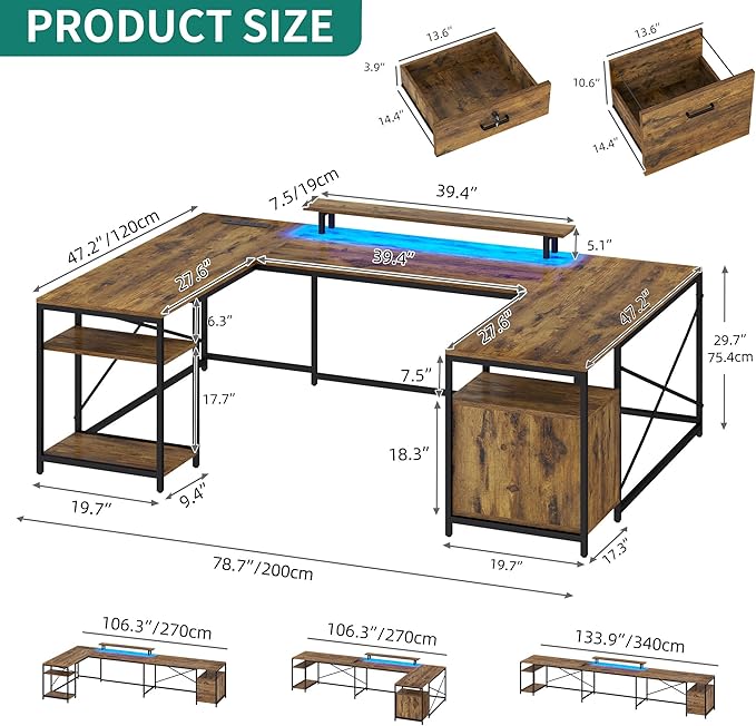 YITAHOME U Shaped Desk with Power Outlets &amp LED Lights 79 Reversible L Shaped Desk with Drawers Corner Computer Desk Office Desk with Monitor Stand &amp Storage Shelves Rustic Brown