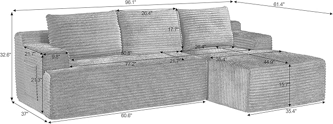 L-Shaped Boneless Couches for Living Room - 96 Cloud Modular Sectional Sofa Chaise Fluffy Comfy Couch with Deep Seat No Assembly RequiredDark Grey