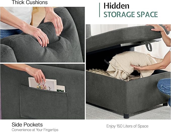 Jocisland Sofa Bed L Shaped Sleeper Sofa with Storage Chaise Pull Out Sofa for Living Room Guest Room Apartment Grey Linen Couch