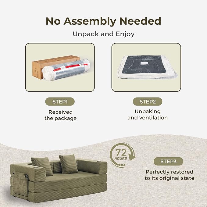 WELAX 72.8 Convertible Sleeper Sofa Bed Boneless Cloud Queen Futon Couches with Cupholders &amp Storage Pockets Corduroy Folding Floor Couch for Bedroom Apartment No Assembly Forest Green