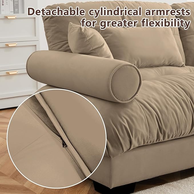 Loveseat Sofa 93.7 Modular Sectional Sofa 2 Seater Modern Cloud Couch with Ottoman Oversized Sectional Couches for Living Room Comfy Velvet Sofas Deep Seat Couch with 4 Pillows Camel